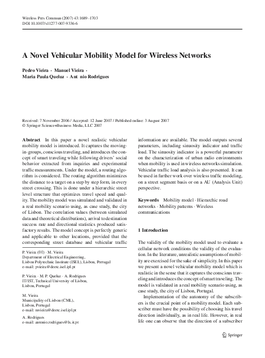 (PDF) A Novel Vehicular Mobility Model for Wireless Networks