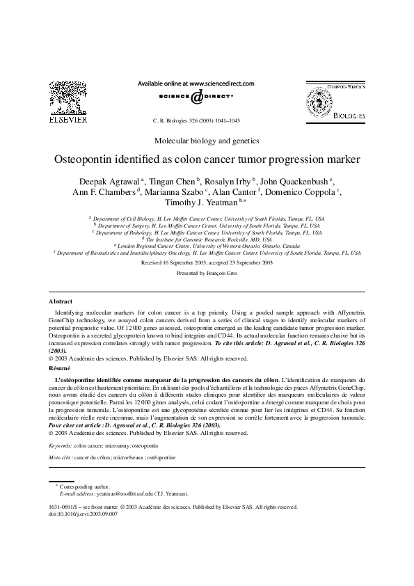 (PDF) Osteopontin identified as colon cancer tumor progression marker