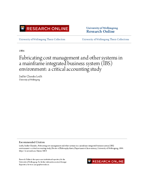 Pdf Fabricating Cost Management And Other Systems In A Mainframe