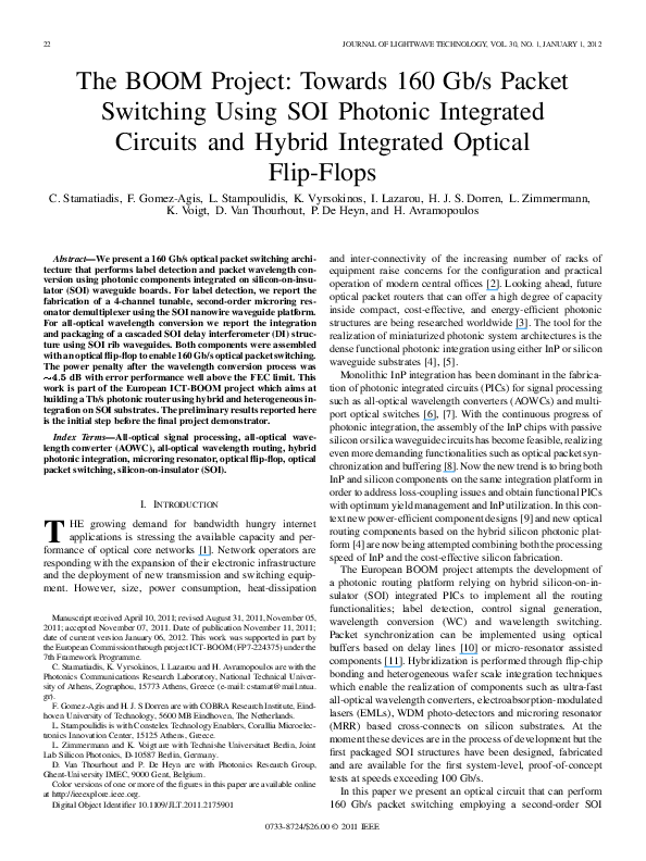 (PDF) The BOOM Project: Towards 160 Gb/s Packet Switching Using SOI ...