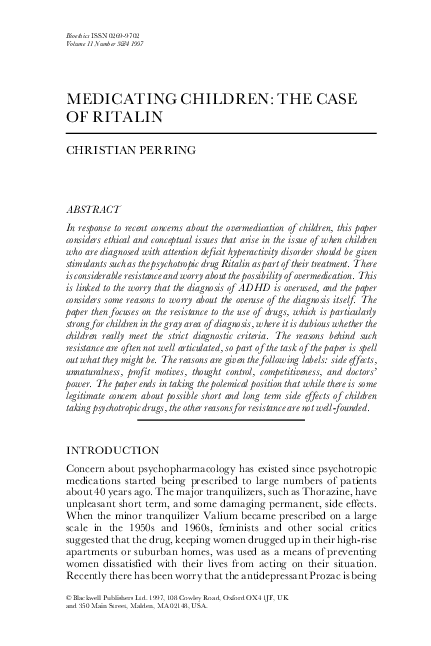 Pdf Medicating Children The Case Of Ritalin