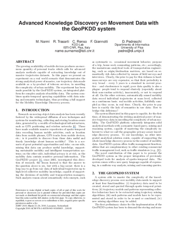 (PDF) Advanced knowledge discovery on movement data with the GeoPKDD system