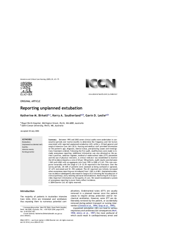 (PDF) Reporting unplanned extubation