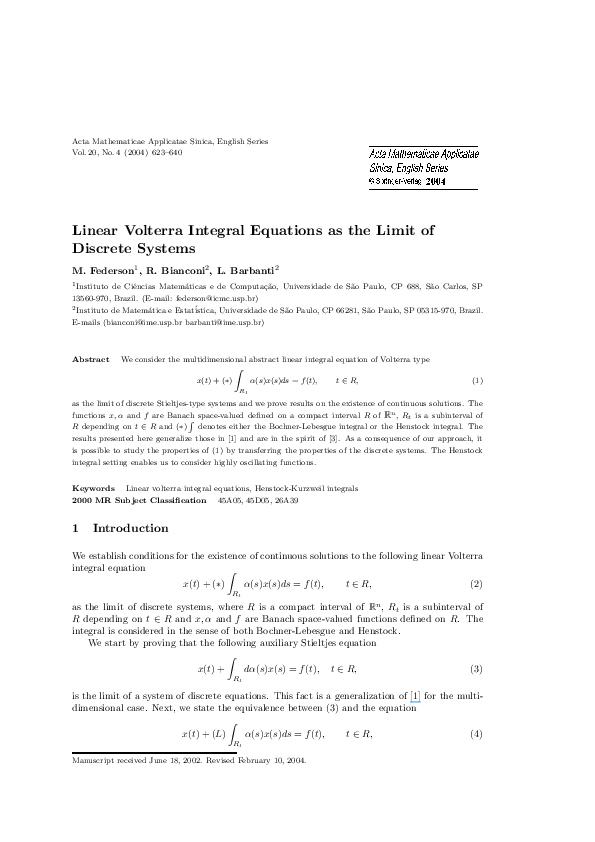 (PDF) Linear Volterra Integral Equations as the Limit of Discrete Systems