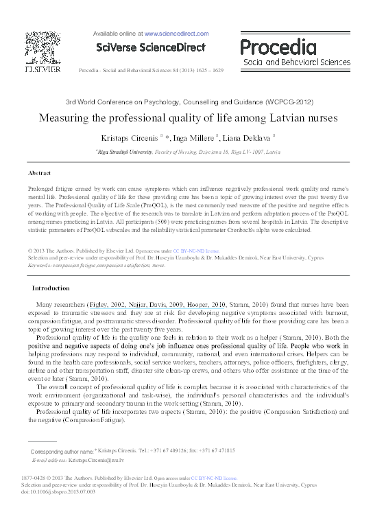 (PDF) Measuring the Professional Quality of Life among Latvian Nurses
