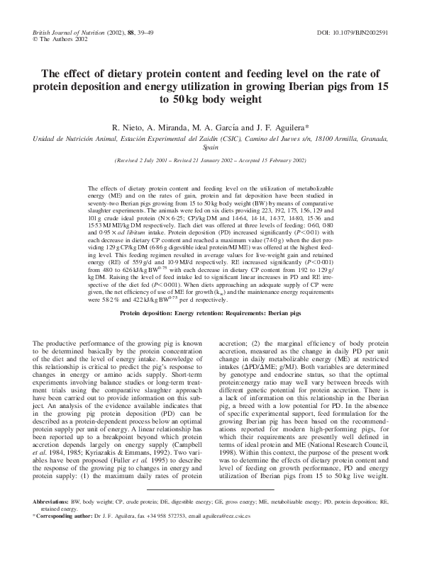 (PDF) The effect of dietary protein content and feeding level on the ...
