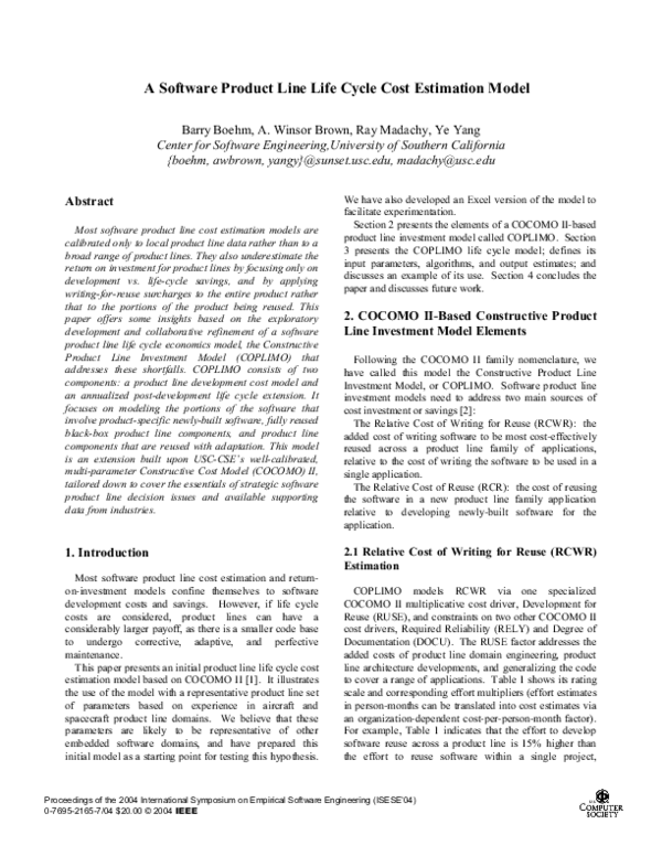 (PDF) A Software Product Line Life Cycle Cost Estimation Model