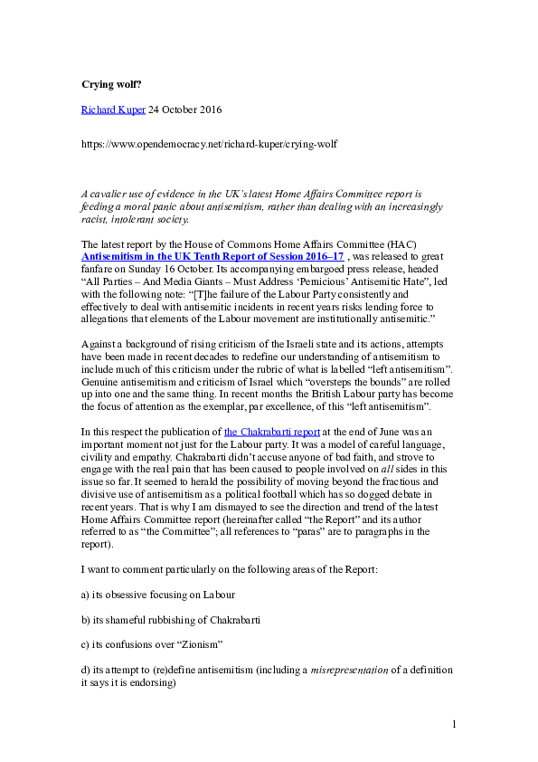 Crying wolf? The Home Affairs Committee Report on Antisemitism, October 2016