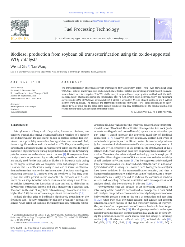 (PDF) Biodiesel production from soybean oil transesterification using