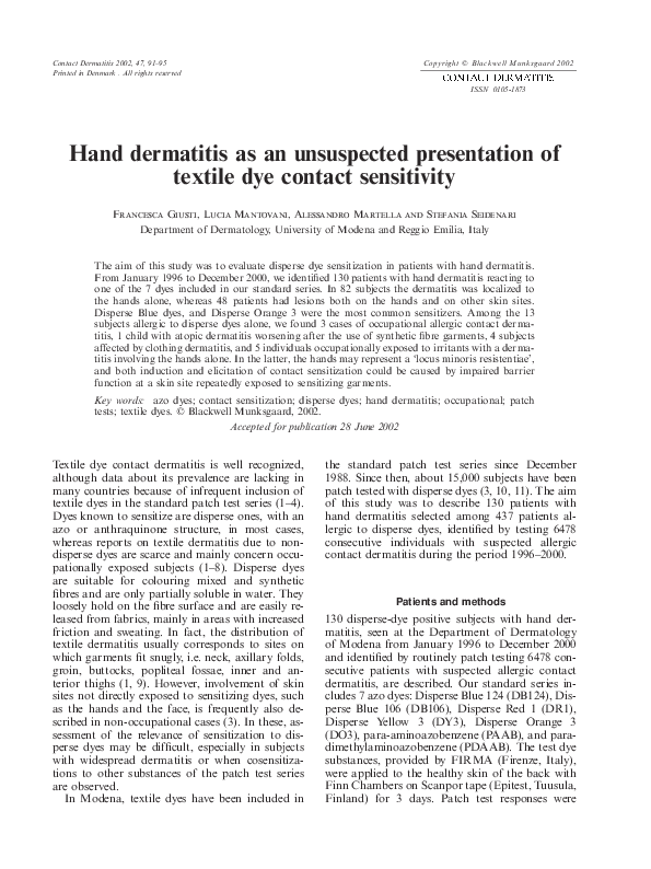 (PDF) Hand dermatitis as an unsuspected presentation of textile dye contact sensitivity