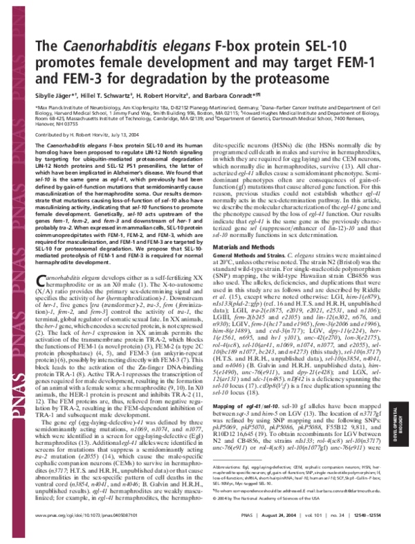 (PDF) The Caenorhabditis elegans F-box protein SEL-1 0 promotes female ...