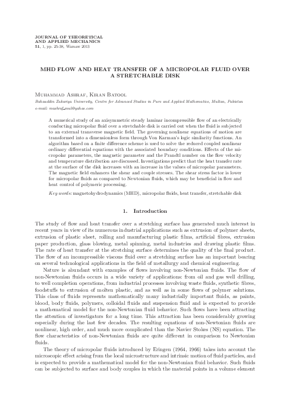 (PDF) MHD flow and heat transfer of a micropolar fluid over a ...