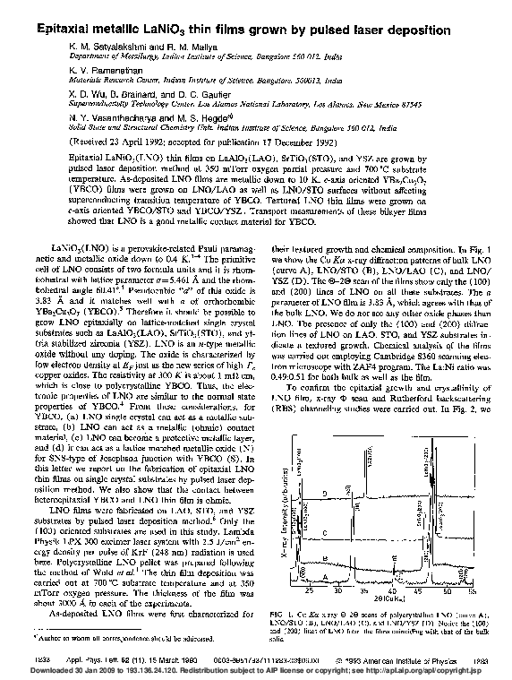 (PDF) Epitaxial metallic LaNiO3 thin films grown by pulsed laser deposition