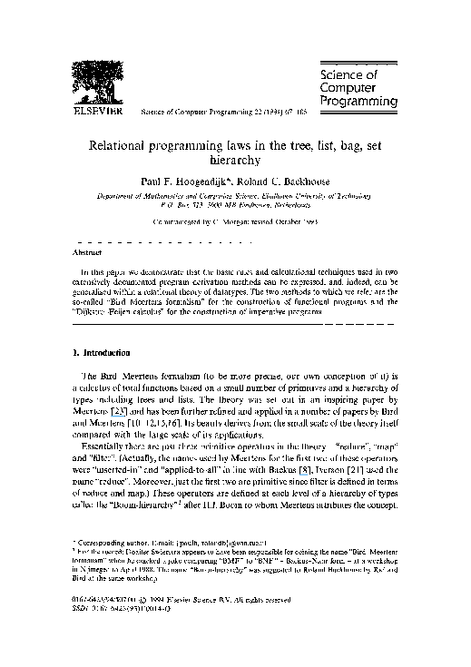 (PDF) Relational programming laws in the tree, list, bag, set hierarchy