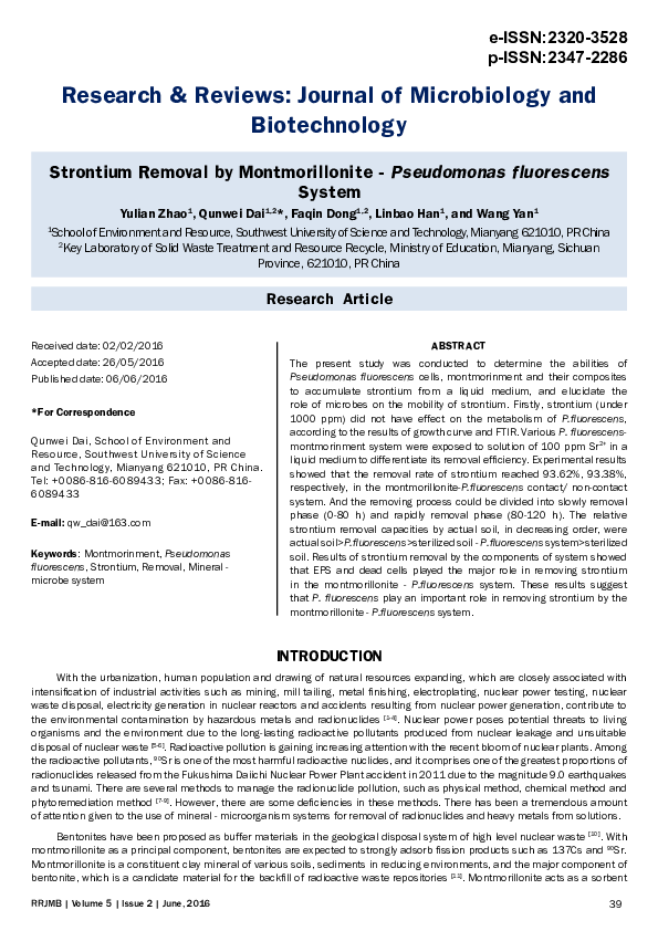 (PDF) Strontium Removal by Montmorillonite - Pseudomonas fluorescens System