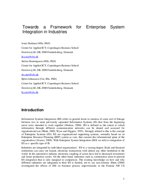 (PDF) Towards a Framework for Enterprise System Integration in Industries