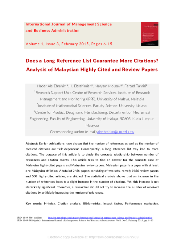 (PDF) Does a Long Reference List Guarantee More Citations