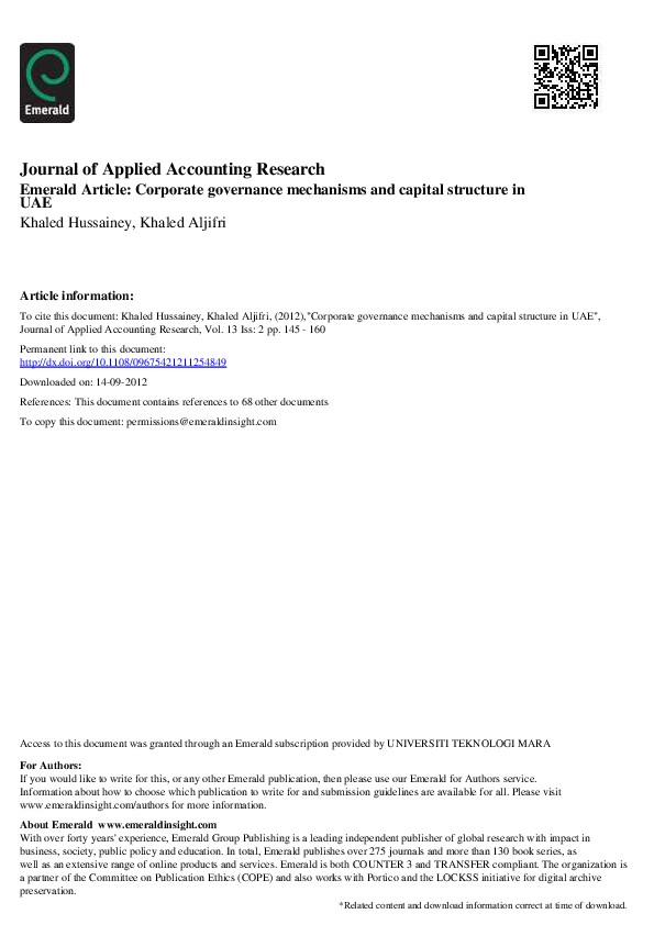 Pdf Corporate Governance Mechanisms And Capital Structure In Uae Khaled Hussainey Academia Edu