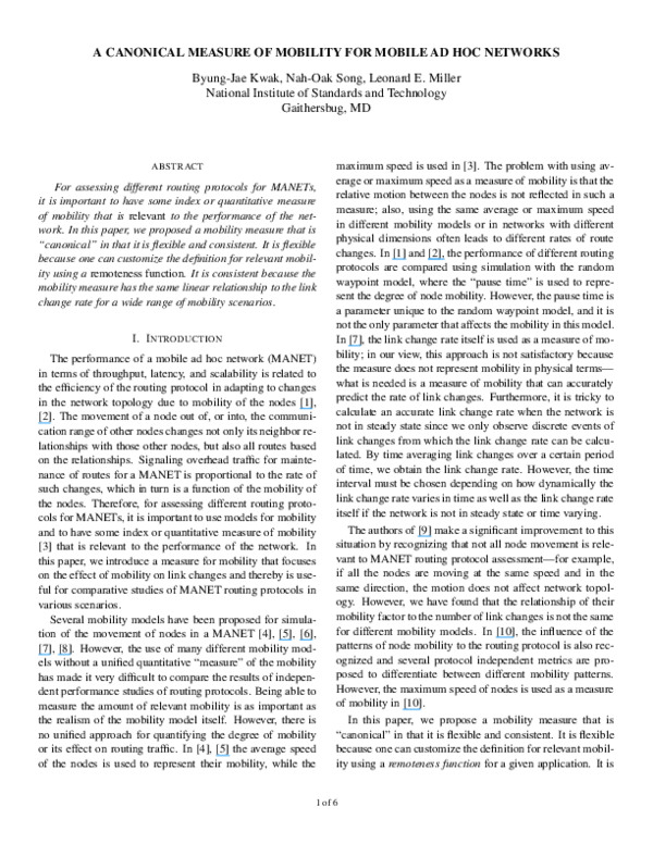 (PDF) A canonical measure of mobility for mobile ad hoc networks