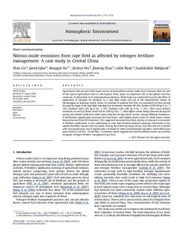 (PDF) Nitrous oxide emissions from rape field as affected by nitrogen ...