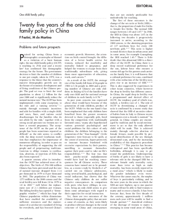 (PDF) Twenty five years of the one child family policy in China