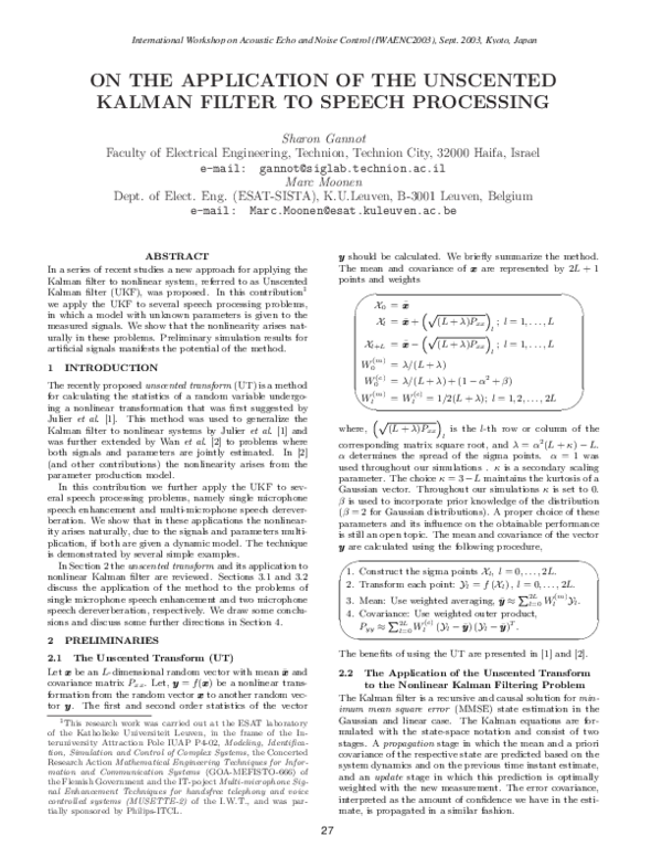 (PDF) On the application of the unscented Kalman filter to speech ...