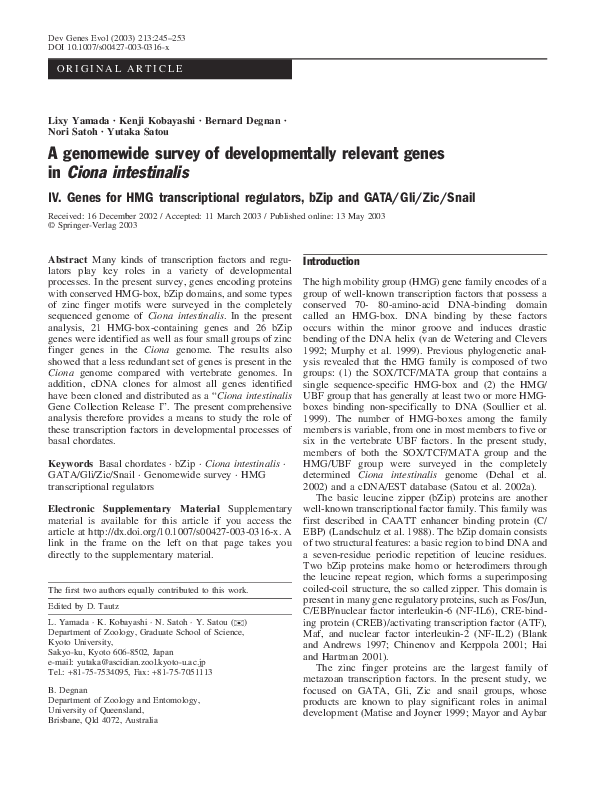 (PDF) A genomewide survey of developmentally relevant genes in Ciona ...