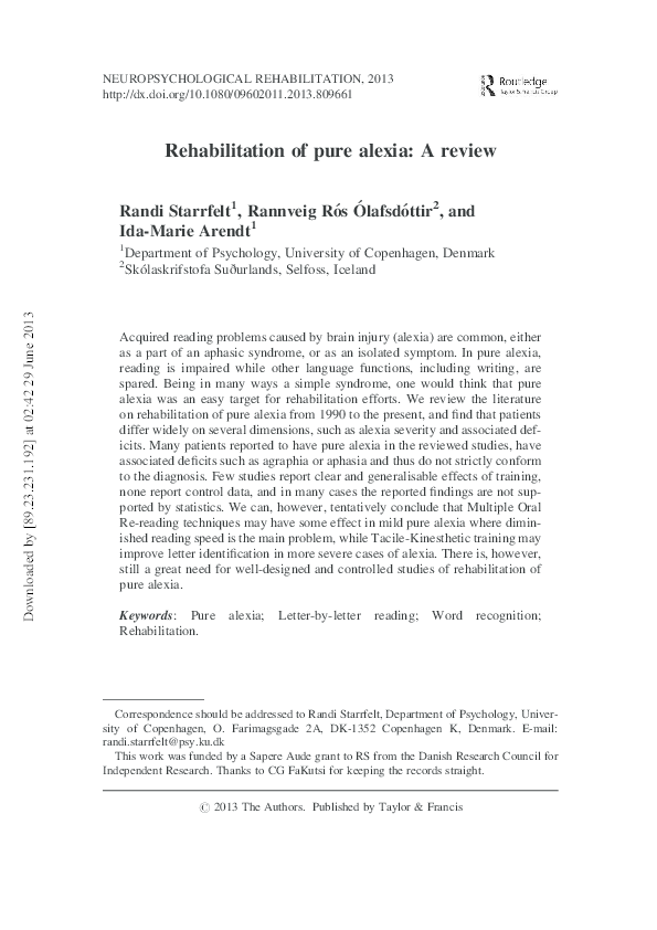 (PDF) Rehabilitation of pure alexia: A review