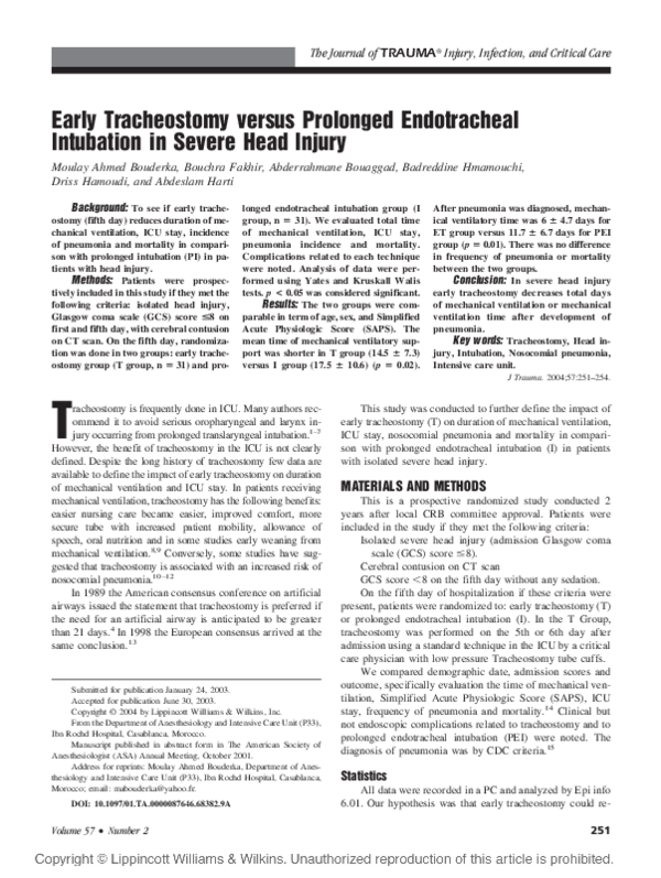 (PDF) Early Tracheostomy versus Prolonged Endotracheal Intubation in