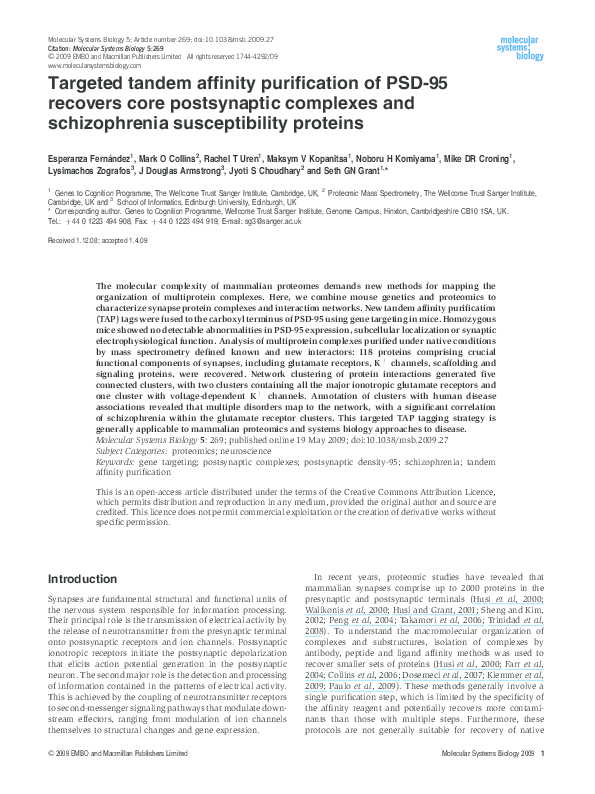 Pdf Targeted Tandem Affinity Purification Of Psd95 Recovers Core Postsynaptic Complexes And Schizophrenia Susceptibility Proteins Jyoti Choudhary Academia Edu