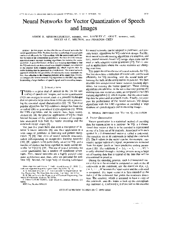 (PDF) Neural Networks for Vector Quantization of Speech and Images