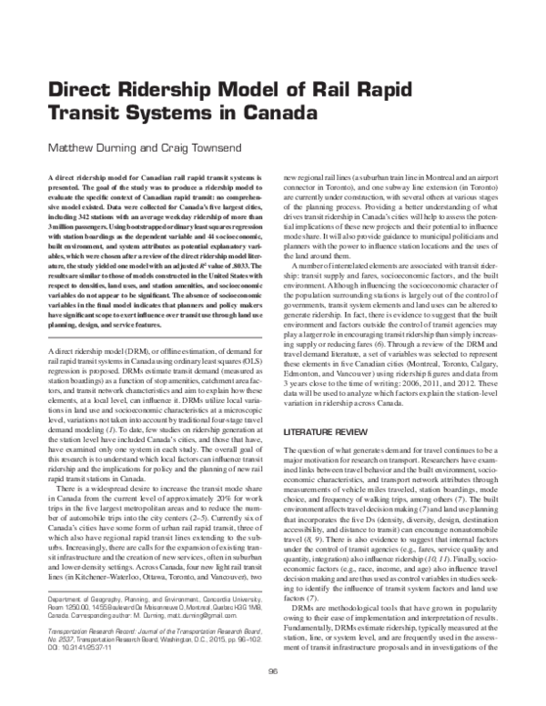 (PDF) Direct Ridership Model of Rail Rapid Transit Systems in Canada