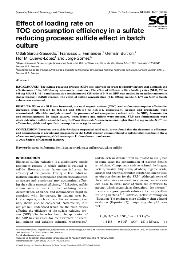 (PDF) Effect of loading rate on TOC consumption efficiency in a sulfate ...