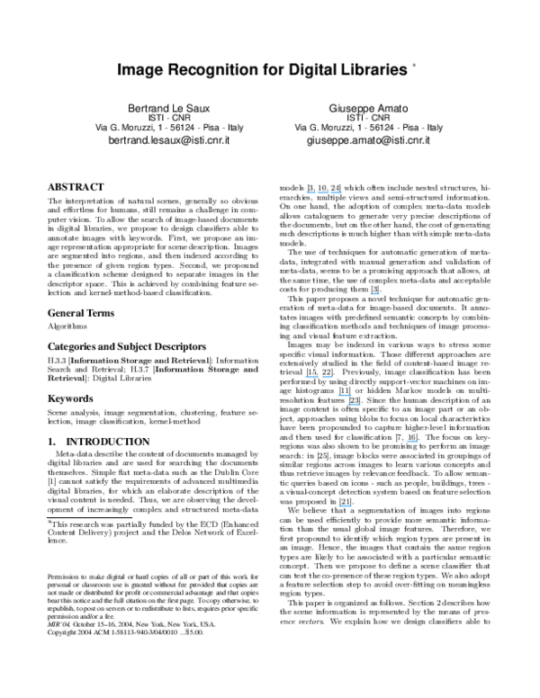 (PDF) Image recognition for digital libraries