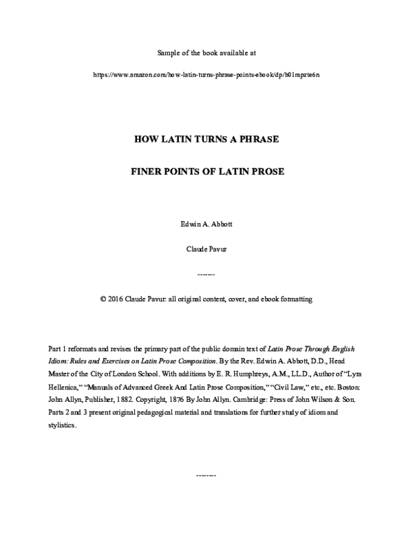 How Latin Turns a Phrase: Finer Points of Latin Prose