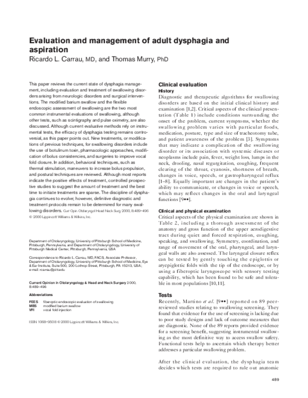 (PDF) Evaluation and management of adult dysphagia and aspiration