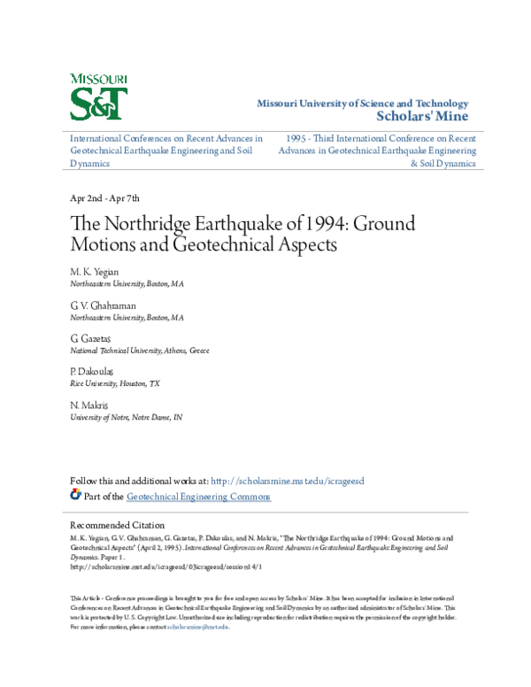 (PDF) The Northridge Earthquake of 1994: Ground Motions and ...