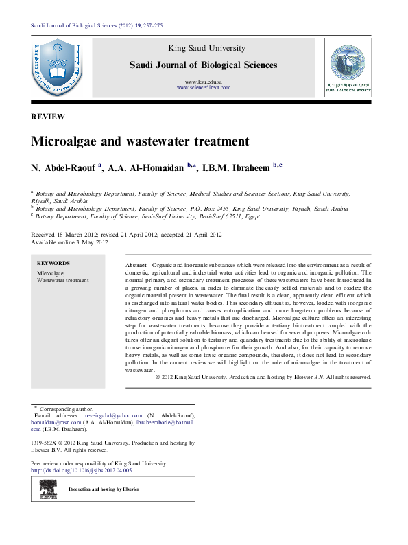 (PDF) Microalgae and wastewater treatment