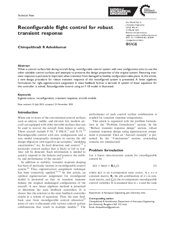 (PDF) Reconfigurable flight control for robust transient response ...