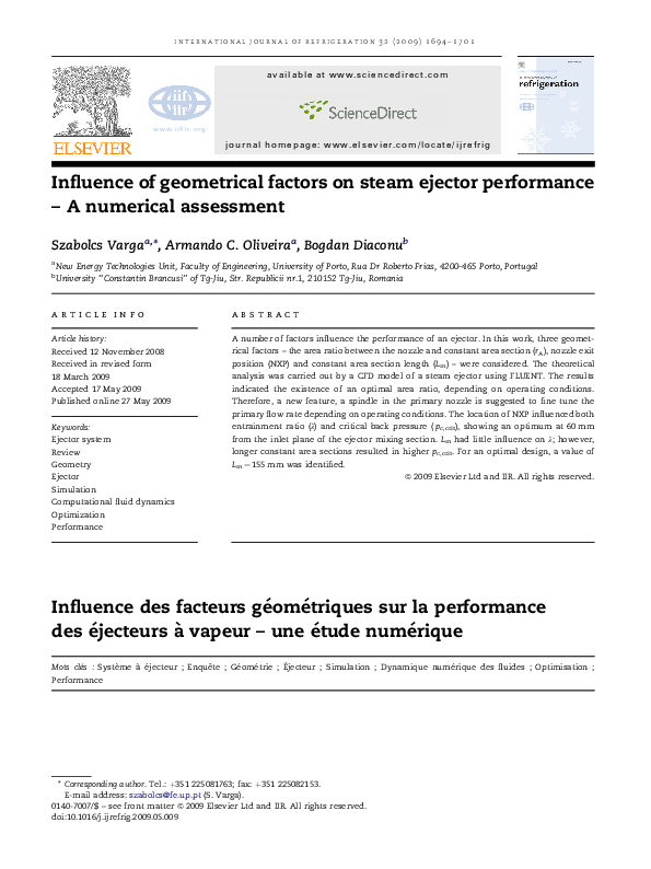(PDF) Influence of geometrical factors on steam ejector performance – A ...