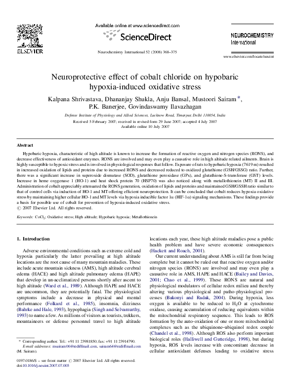 (PDF) Neuroprotective effect of cobalt chloride on hypobaric hypoxia ...