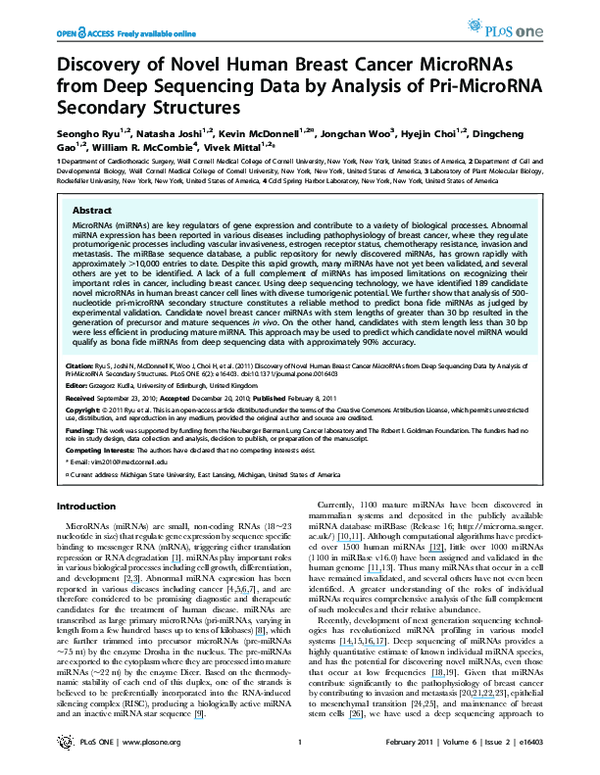 (PDF) Discovery of Novel Human Breast Cancer MicroRNAs from Deep ...