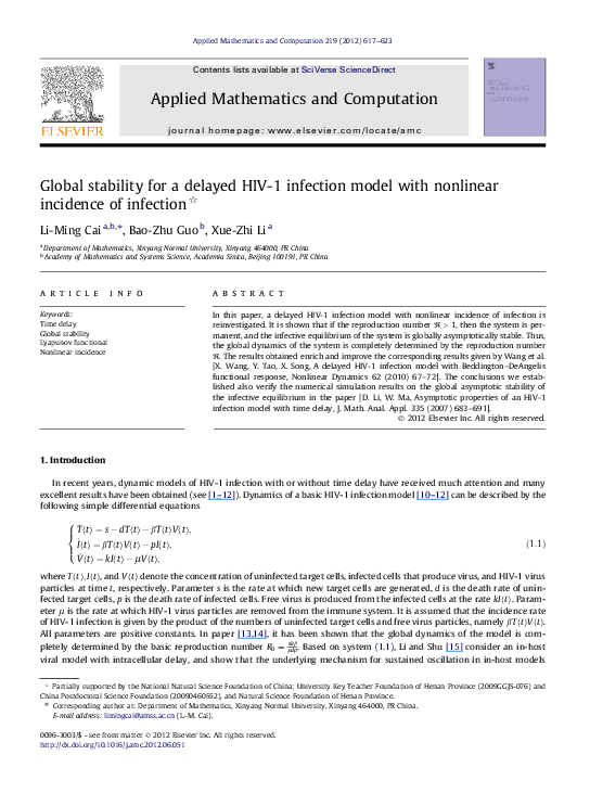 (PDF) Global stability for a delayed HIV-1 infection model with ...