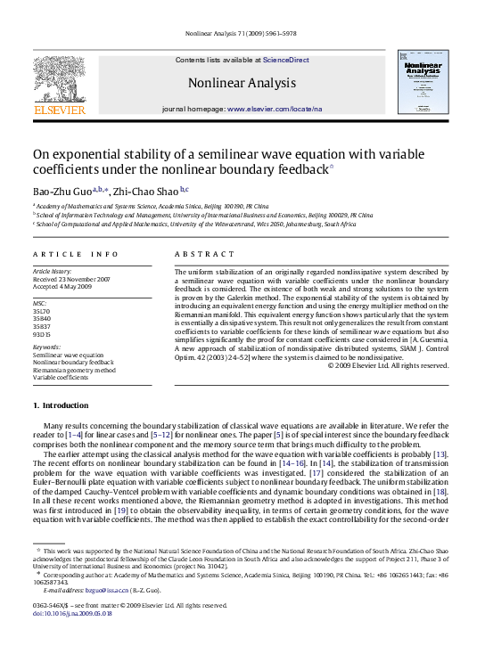 (PDF) On exponential stability of a semilinear wave equation with ...