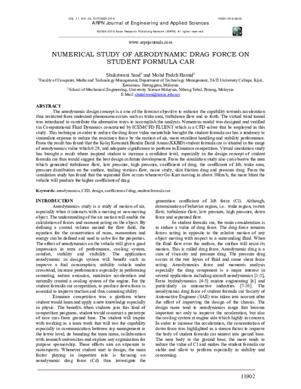(PDF) NUMERICAL STUDY OF AERODYNAMIC DRAG FORCE ON STUDENT FORMULA CAR