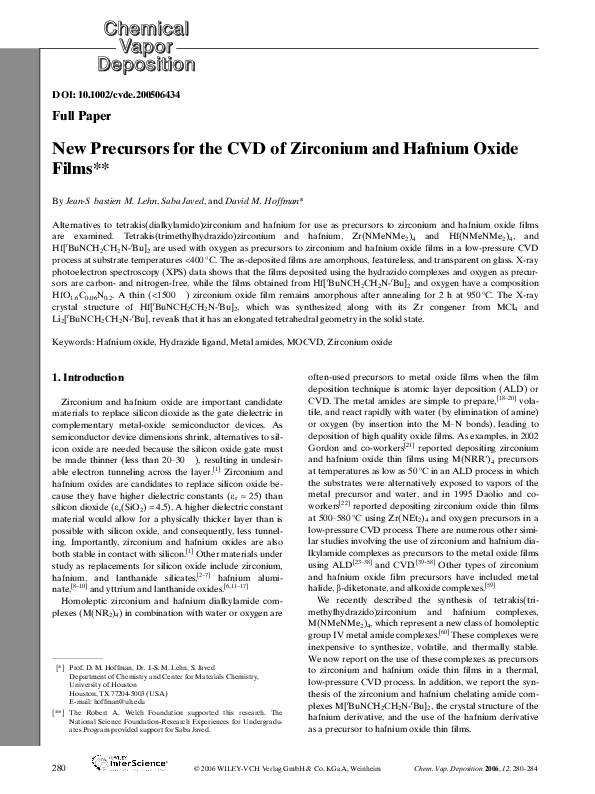 (PDF) New Precursors for the CVD of Zirconium and Hafnium Oxide Films
