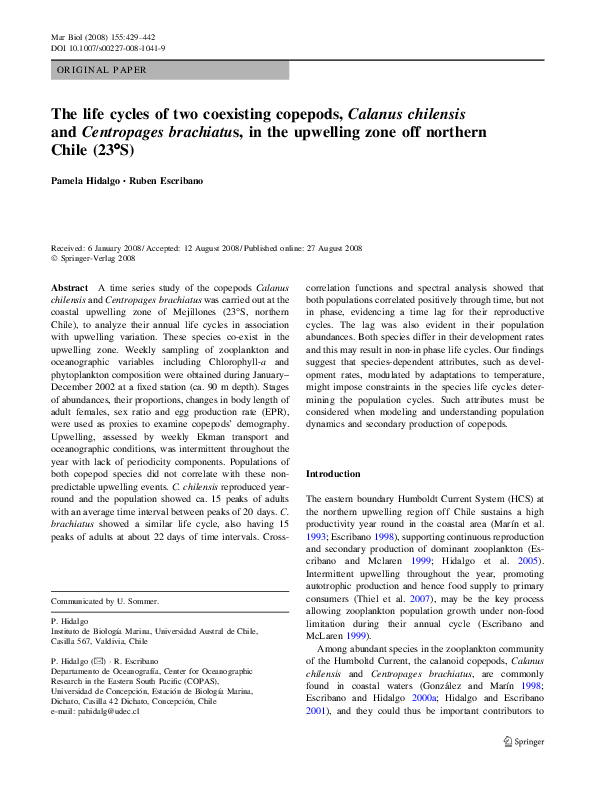 (PDF) The life cycles of two coexisting copepods, Calanus chilensis and ...