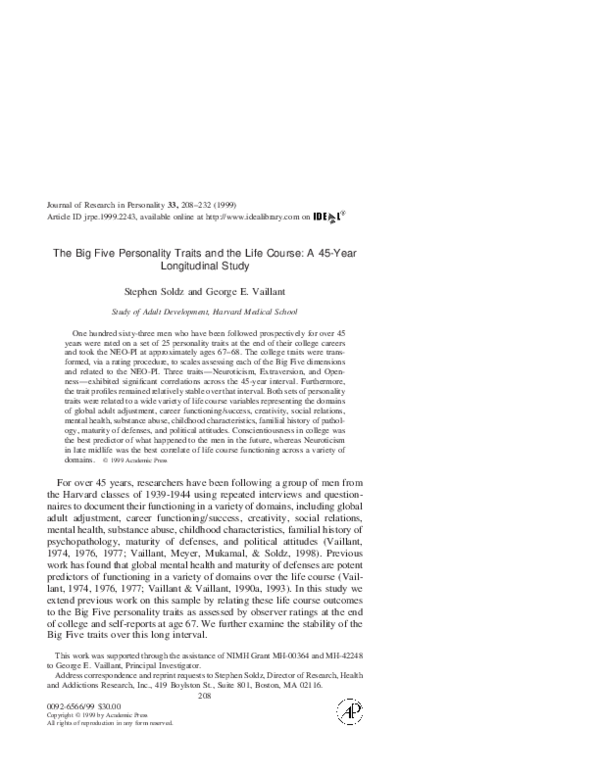 (PDF) The Big Five Personality Traits and the Life Course: A 45Year ...