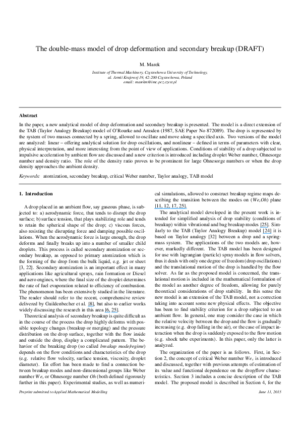 (PDF) The double-mass model of drop deformation and secondary breakup