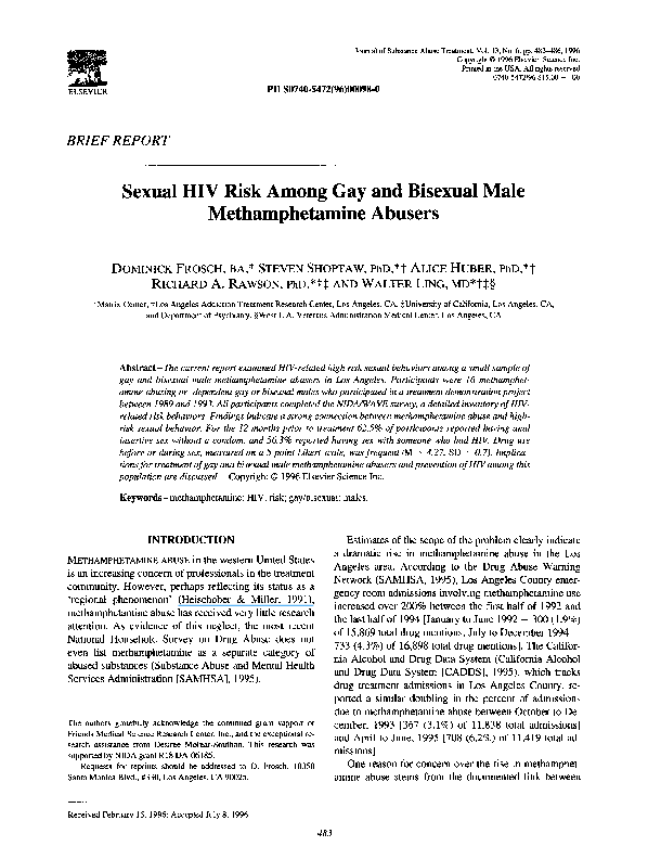 (PDF) Sexual HIV risk among gay and bisexual male methamphetamine abusers